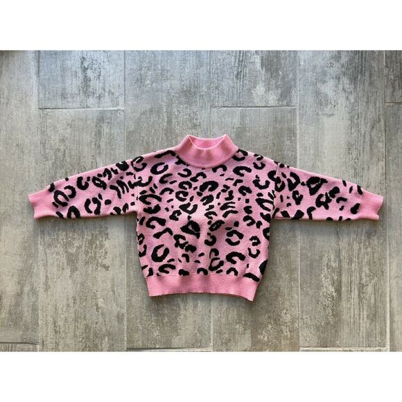 Toddler Kids Knit Leopard Print Pink Black Sweater Top Mock Neck Soft Stretch 2T - Picture 4 of 9